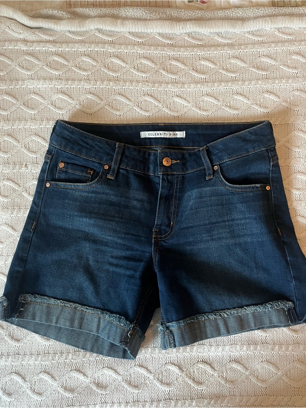 Celebrity Pink Dark Blue Denim Roll-Cuff Juniors Shorts Size 7
